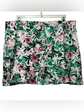 Tommy Bahama EUC Golf Skort Womens XL Pink Green Tropical Floral Hibiscus Ruffle